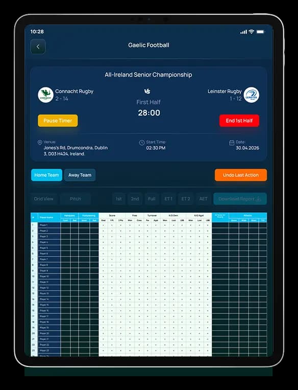 Gaelic Football match statistics on tablet