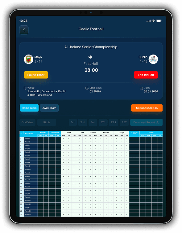 Gaelic Football match statistics on tablet