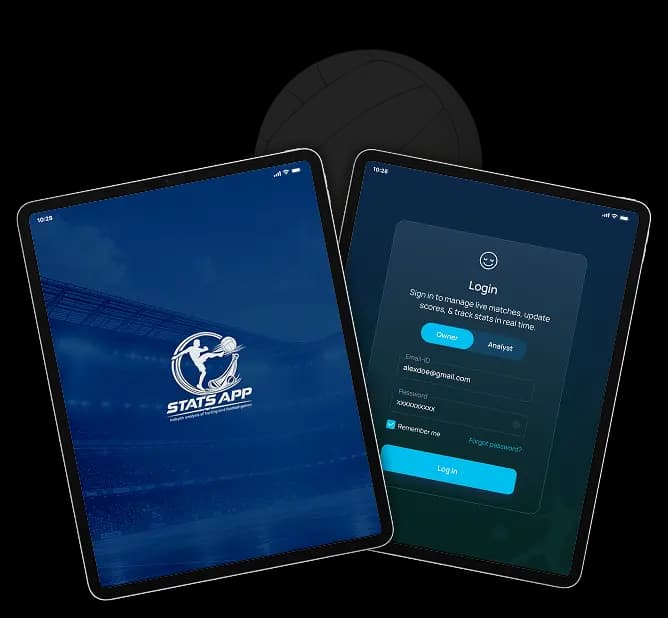 Stats App on iPad with splash screen and live match dashboard
